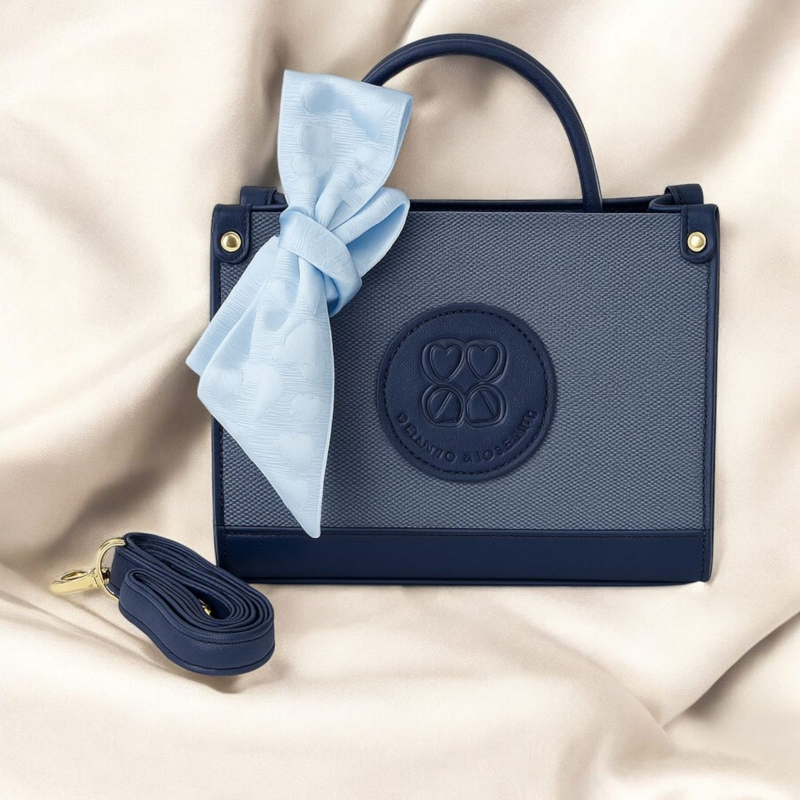 “Elegant Taupe Mini Bag – Gold Detail & Scarf Charm”