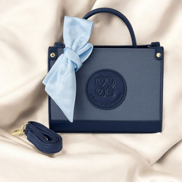 “Elegant Taupe Mini Bag – Gold Detail & Scarf Charm”