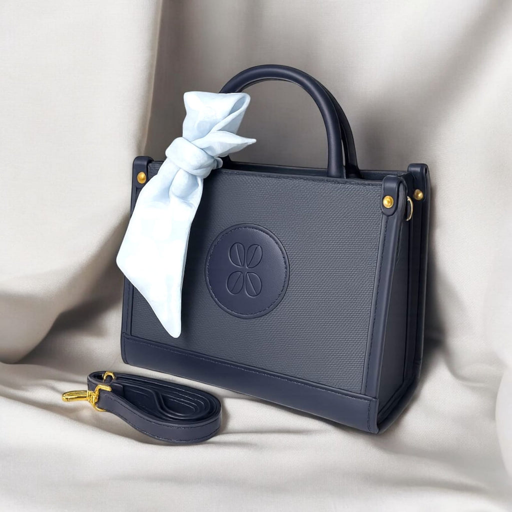 “Elegant Taupe Mini Bag – Gold Detail & Scarf Charm”