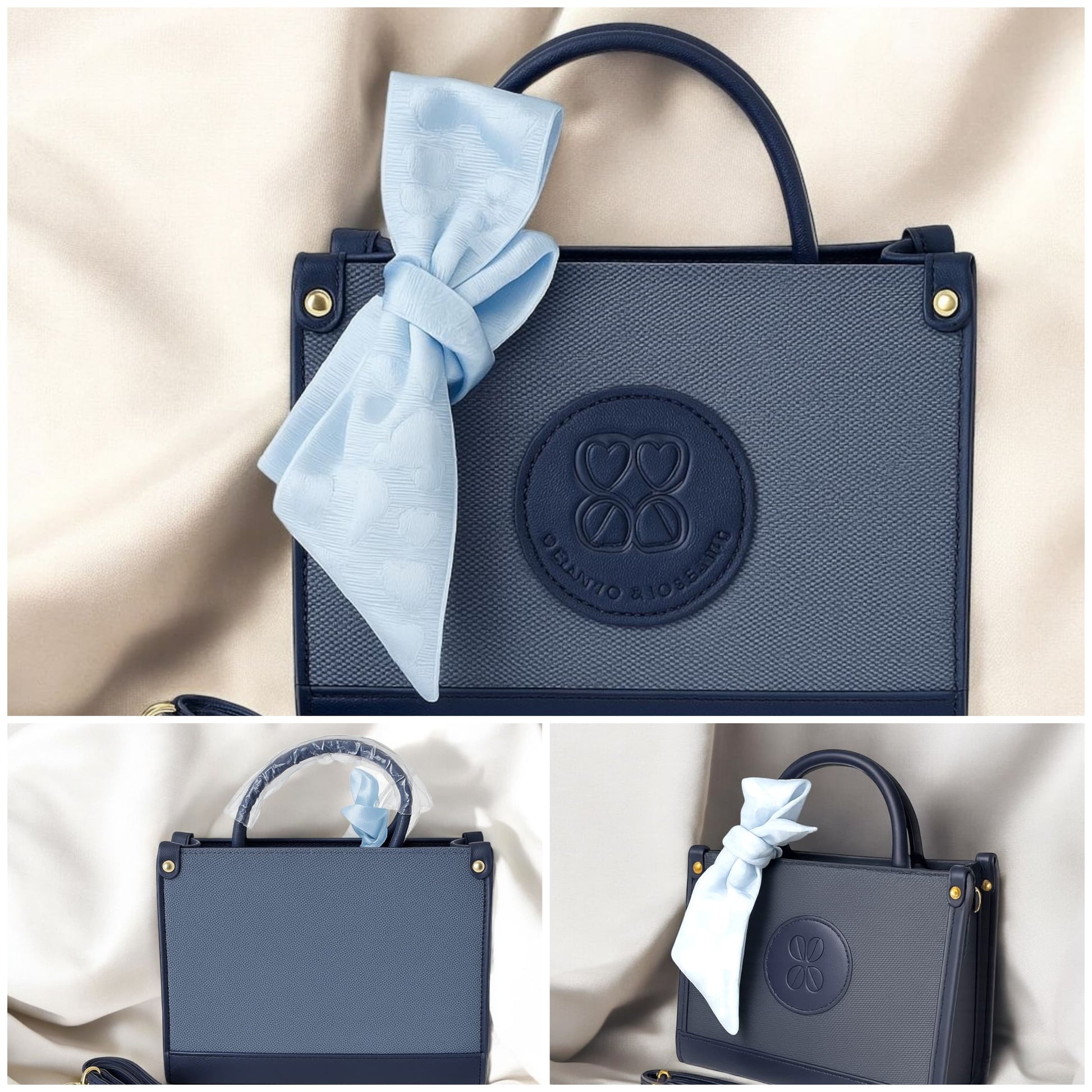 “Elegant Taupe Mini Bag – Gold Detail & Scarf Charm”