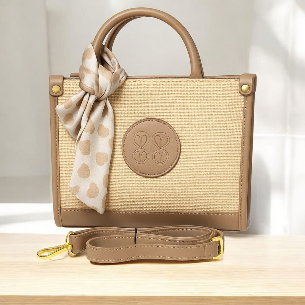“Elegant Taupe Mini Bag – Gold Detail & Scarf Charm”
