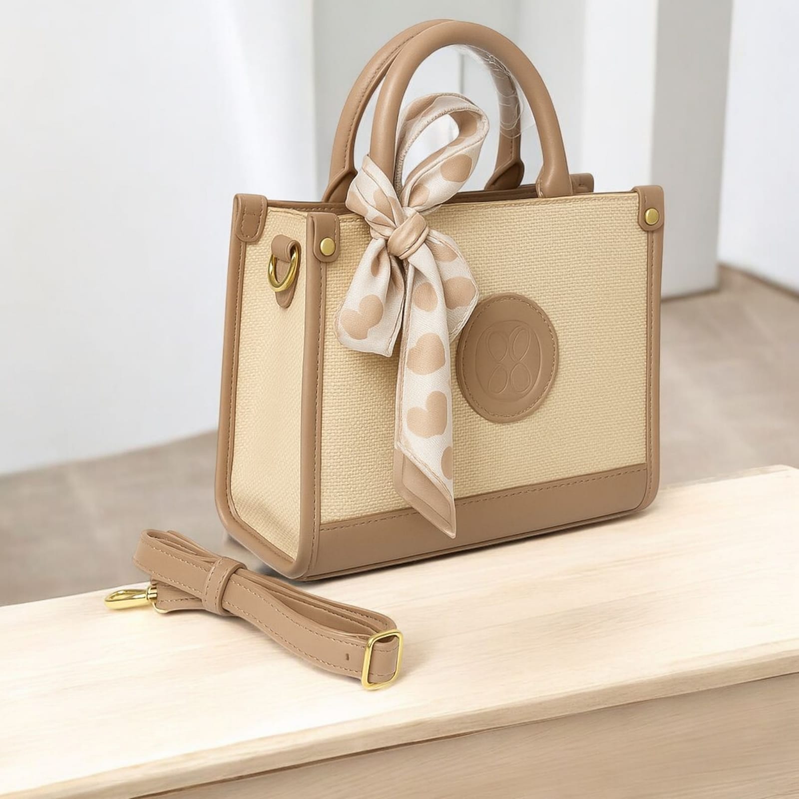 “Elegant Taupe Mini Bag – Gold Detail & Scarf Charm”