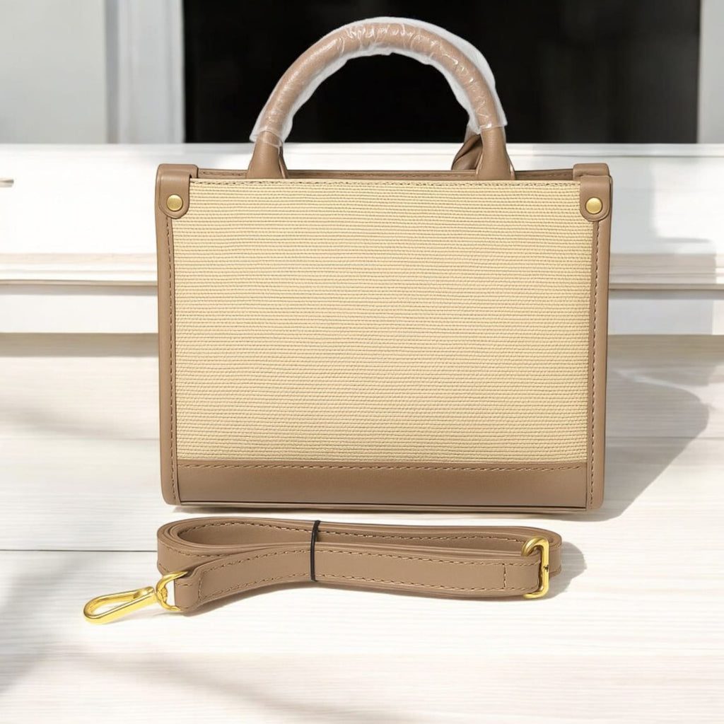 “Elegant Taupe Mini Bag – Gold Detail & Scarf Charm”