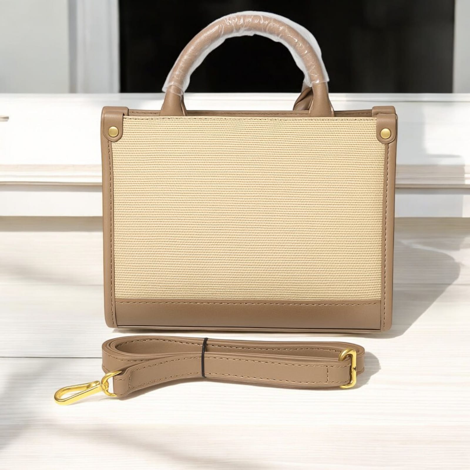 “Elegant Taupe Mini Bag – Gold Detail & Scarf Charm”