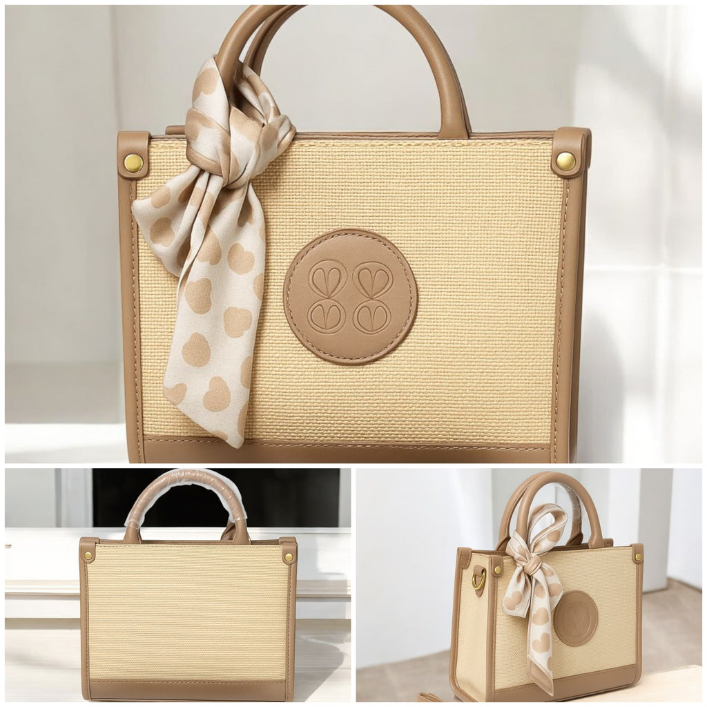 “Elegant Taupe Mini Bag – Gold Detail & Scarf Charm”
