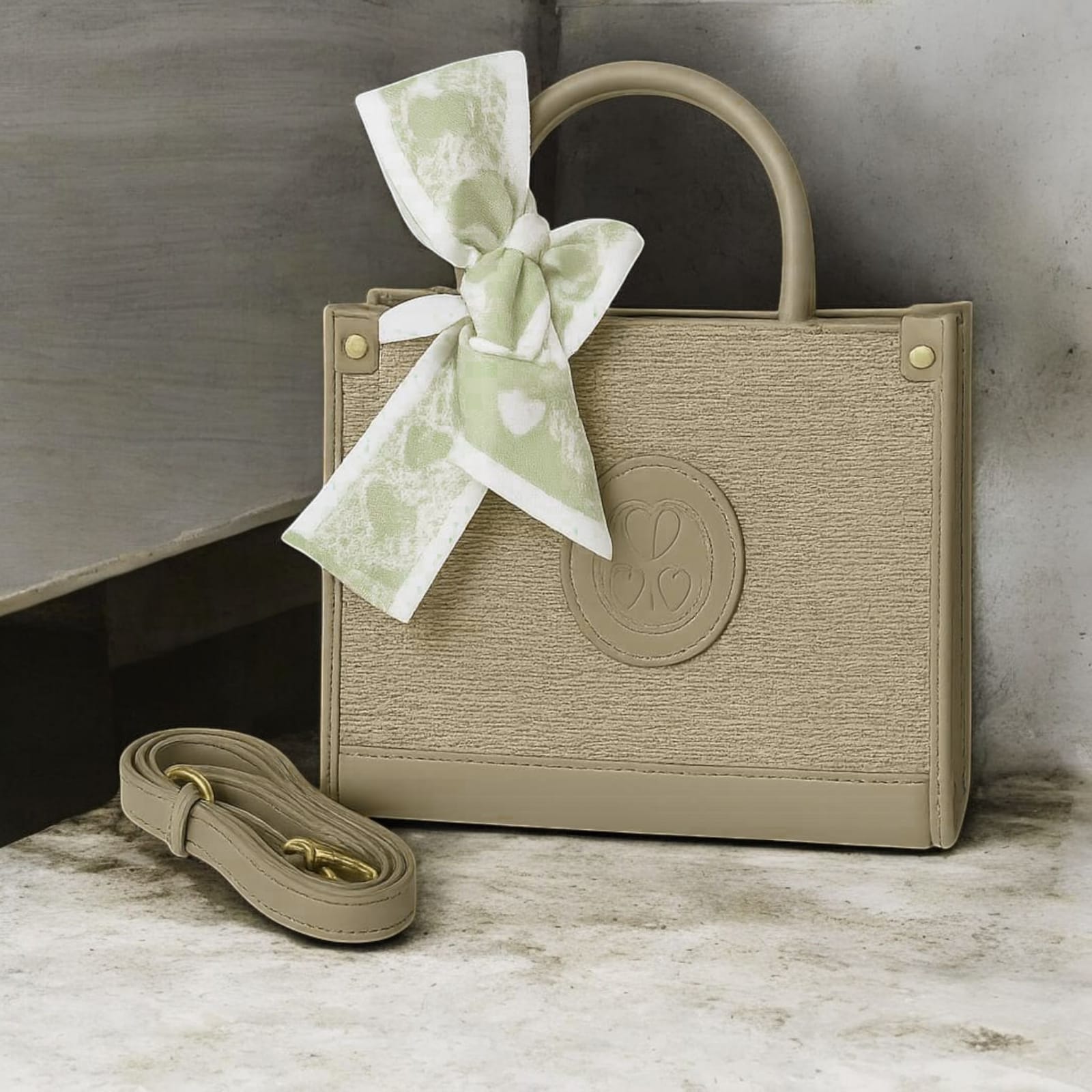 “Elegant Taupe Mini Bag – Gold Detail & Scarf Charm”
