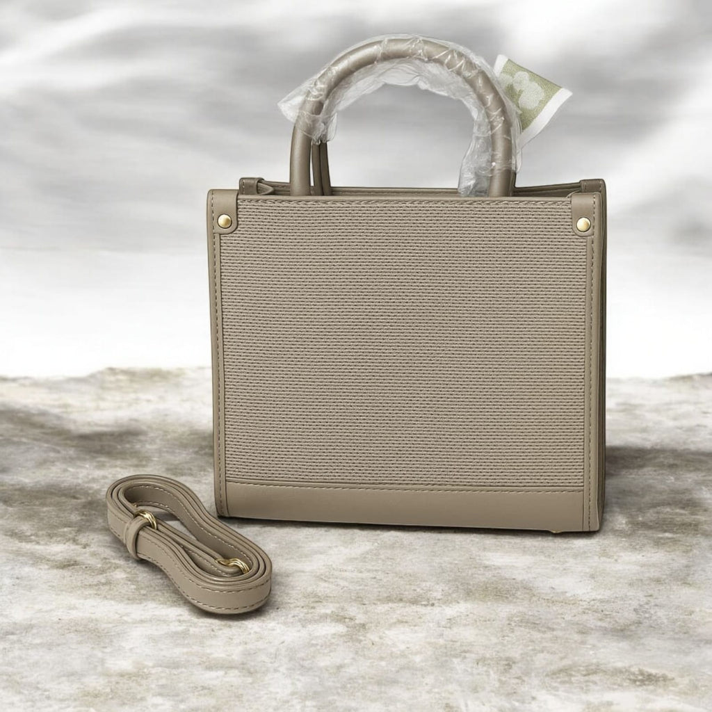 “Elegant Taupe Mini Bag – Gold Detail & Scarf Charm”