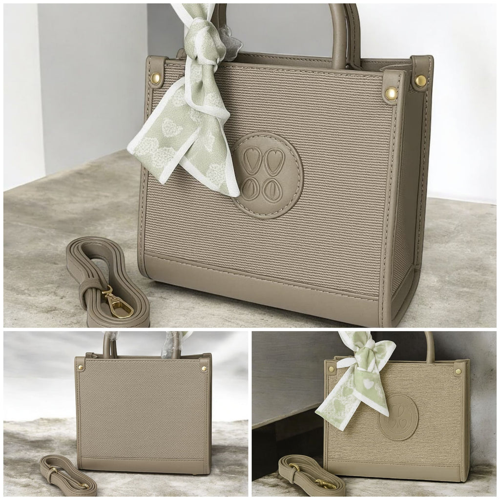 “Elegant Taupe Mini Bag – Gold Detail & Scarf Charm”