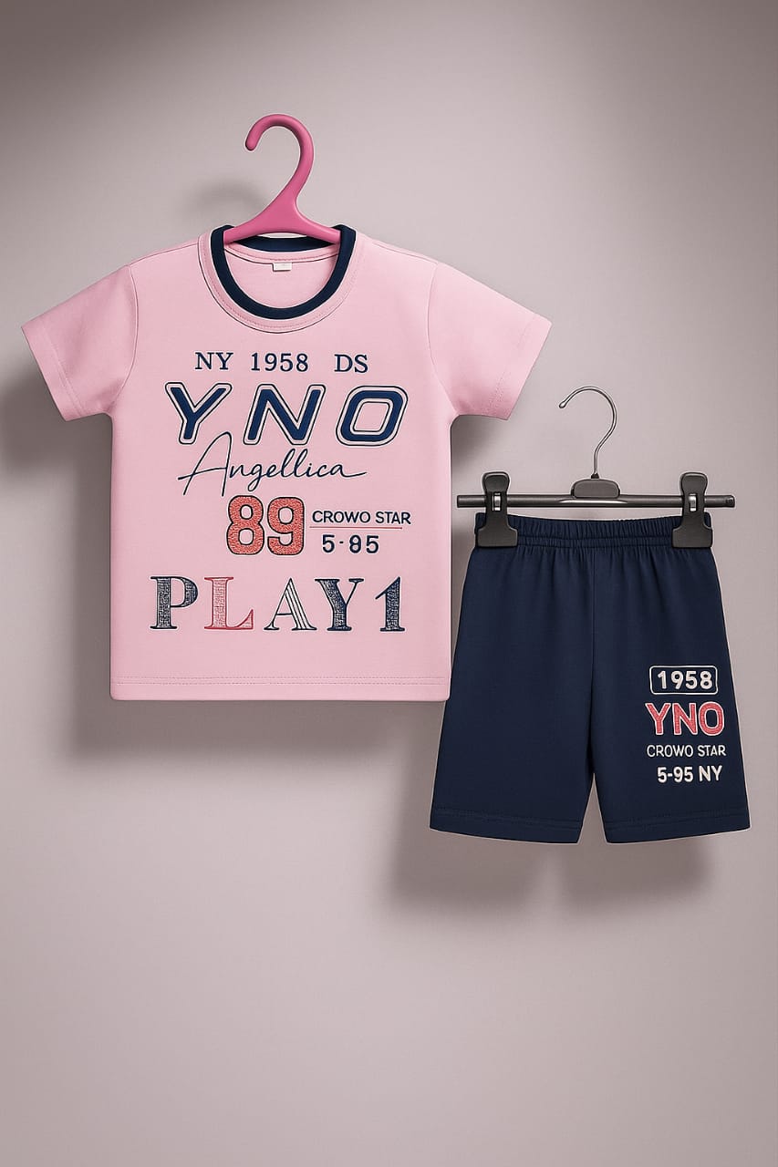 "Boys Printed T-Shirt & Shorts Set – Playful YNO Design in Pink & Navy"