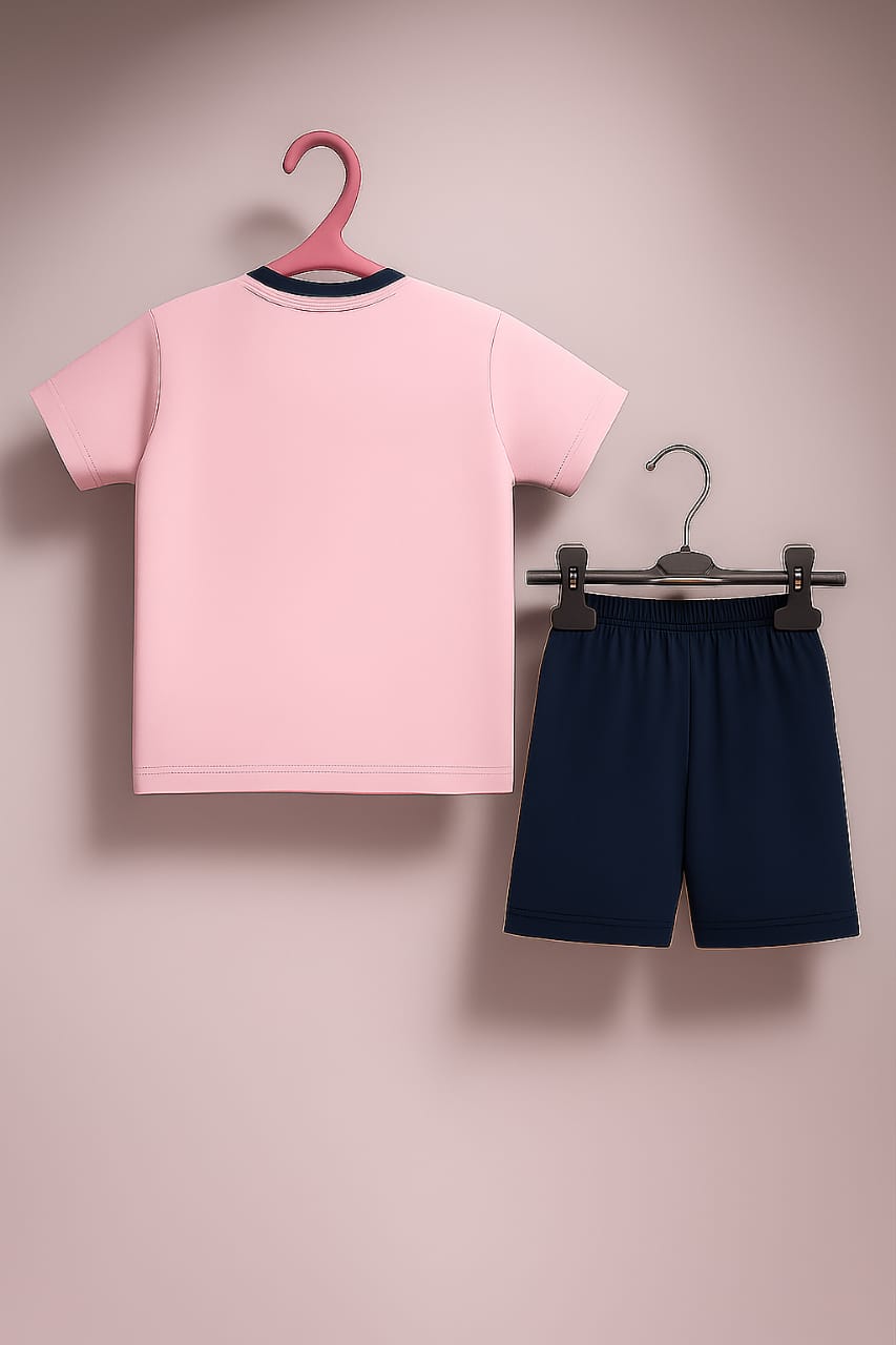 "Boys Printed T-Shirt & Shorts Set – Playful YNO Design in Pink & Navy"