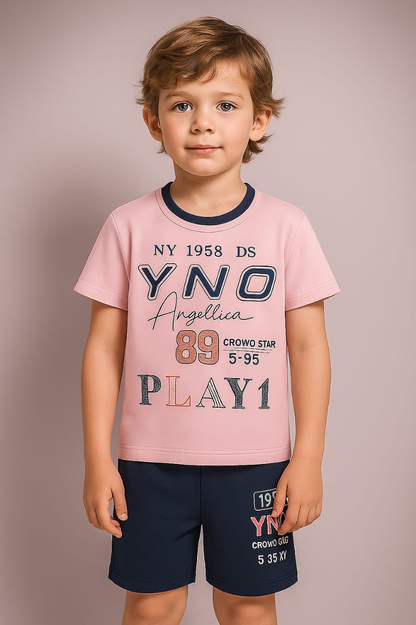 "Boys Printed T-Shirt & Shorts Set – Playful YNO Design in Pink & Navy"