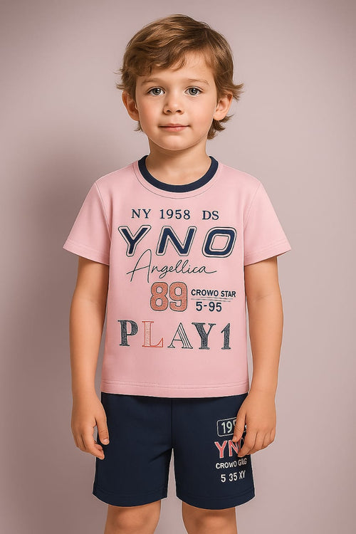 "Boys Printed T-Shirt & Shorts Set – Playful YNO Design in Pink & Navy"