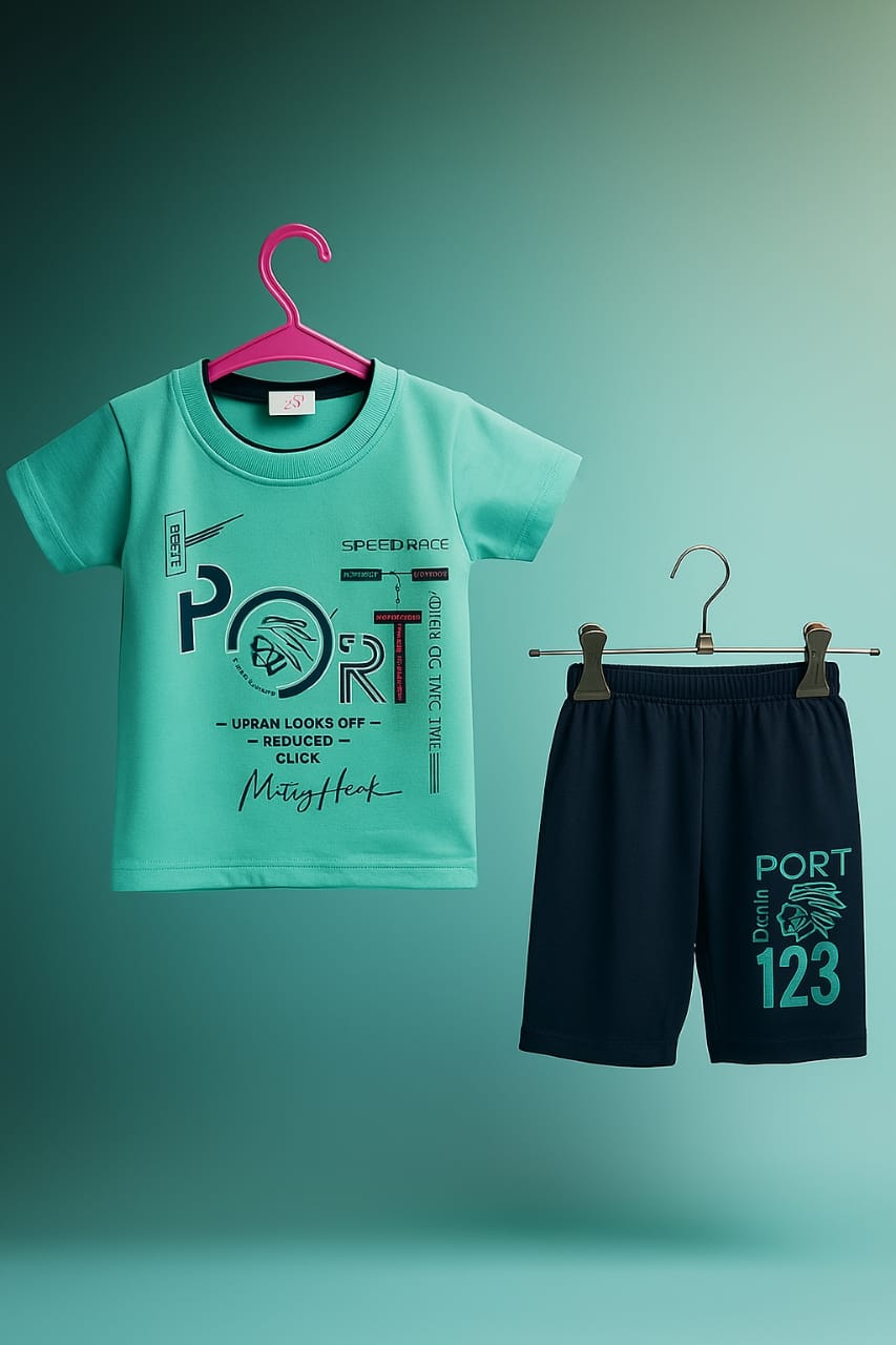 "Boys Sporty Co-ord Set – Graphic PORT Print T-Shirt & Shorts | Speedrace Theme"