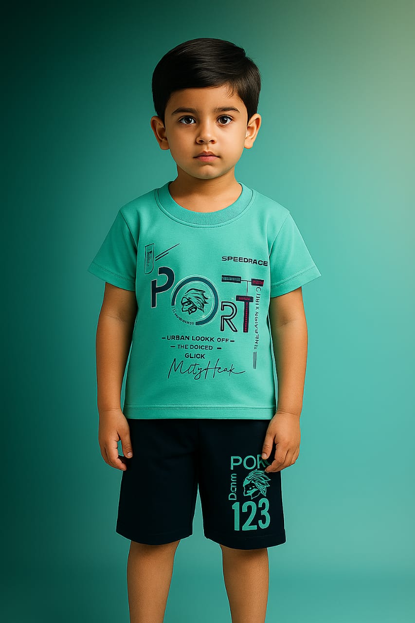 "Boys Sporty Co-ord Set – Graphic PORT Print T-Shirt & Shorts | Speedrace Theme"
