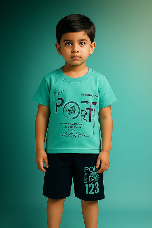 "Boys Sporty Co-ord Set – Graphic PORT Print T-Shirt & Shorts | Speedrace Theme"