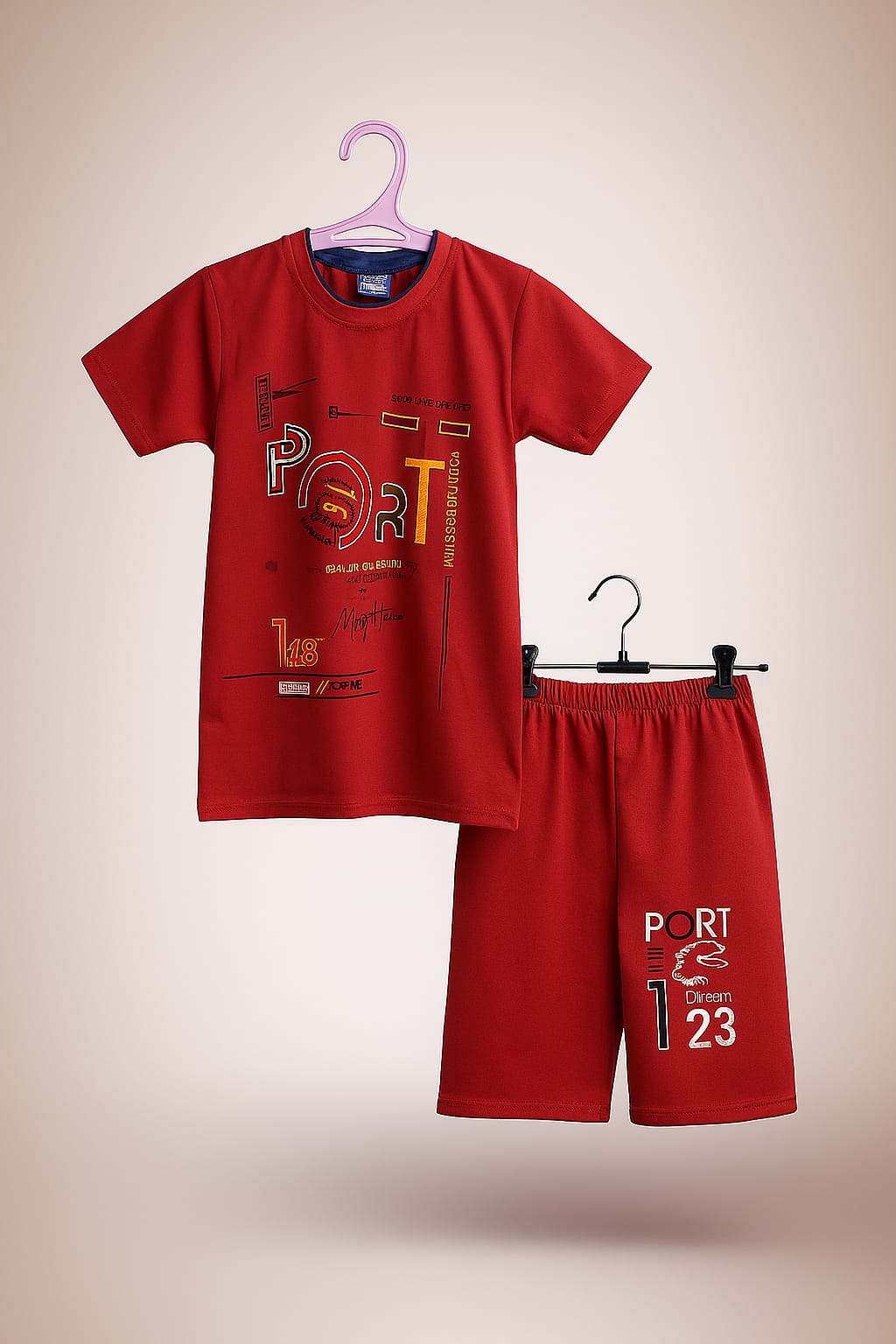 "Boys Sporty Co-ord Set – Graphic PORT Print T-Shirt & Shorts | Speedrace Theme"