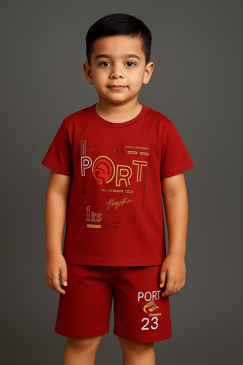 "Boys Sporty Co-ord Set – Graphic PORT Print T-Shirt & Shorts | Speedrace Theme"