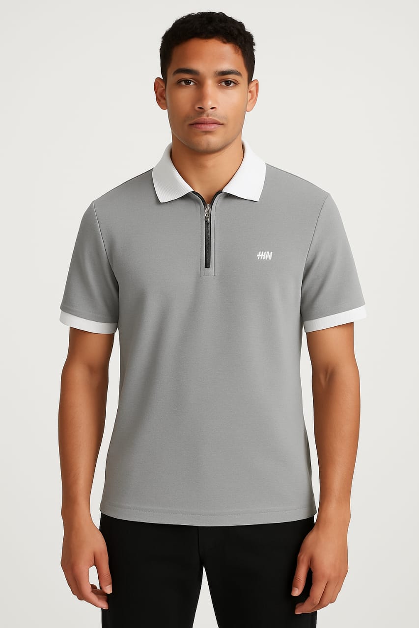 Men’s Navy Zip Polo T-Shirt with Contrast Collar – Casual Smartwear