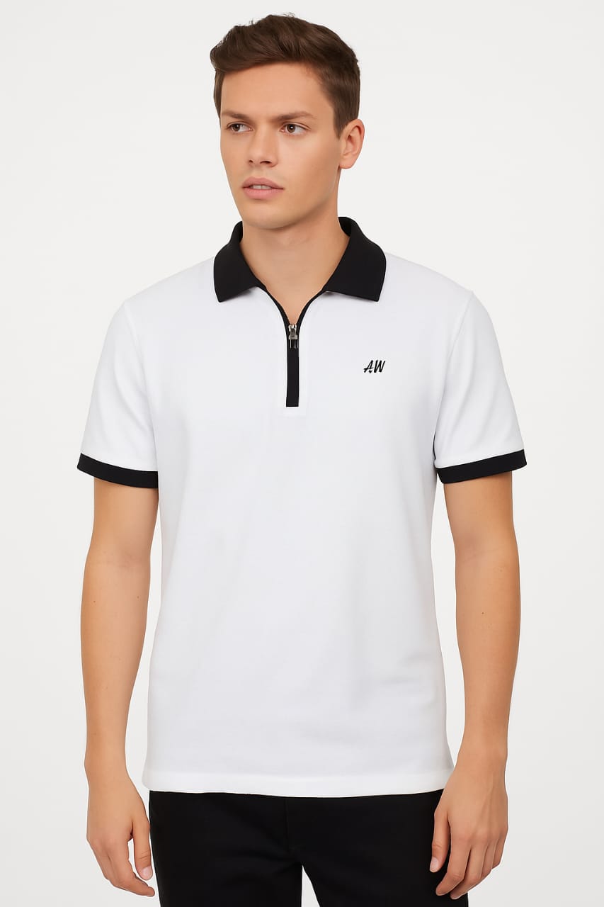 Men’s Navy Zip Polo T-Shirt with Contrast Collar – Casual Smartwear