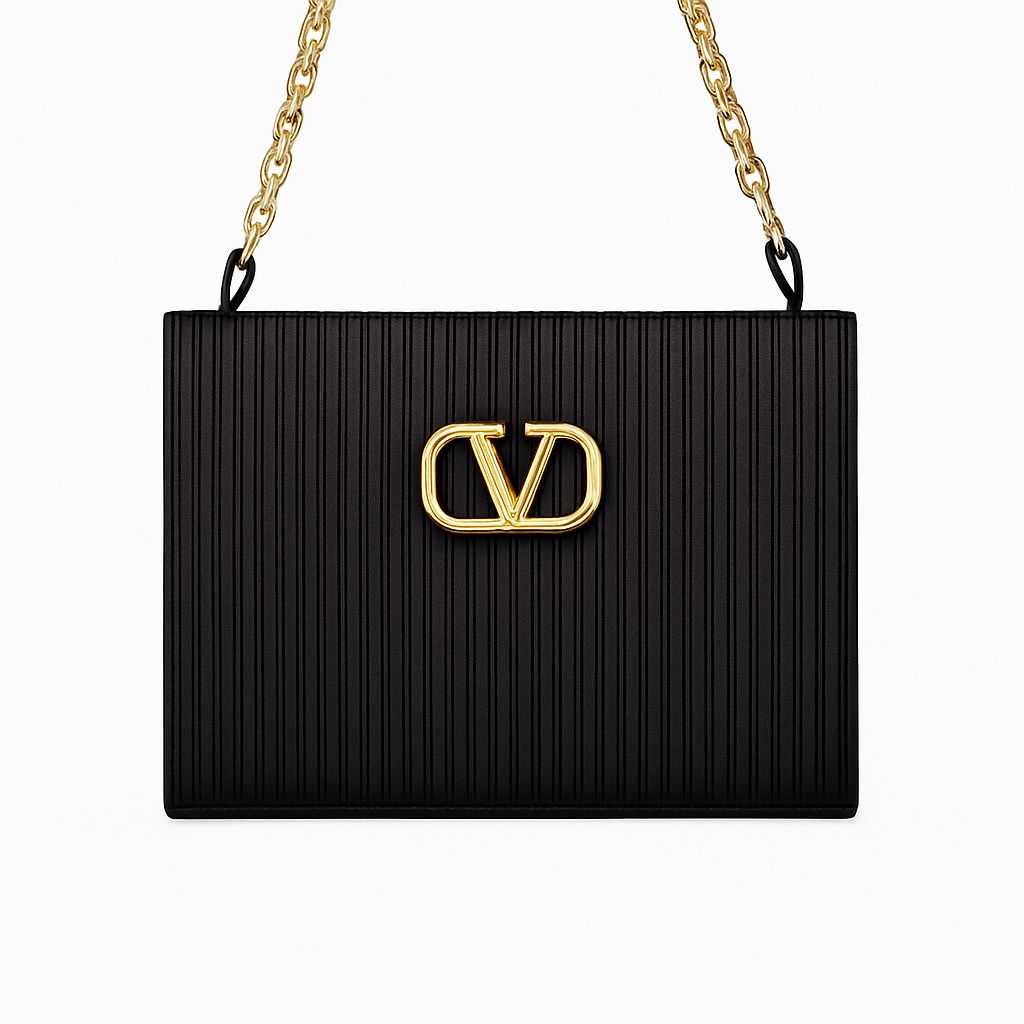 "Valentino Garavani Locò Shoulder Bag in Black with Gold-Tone Chain and Logo"