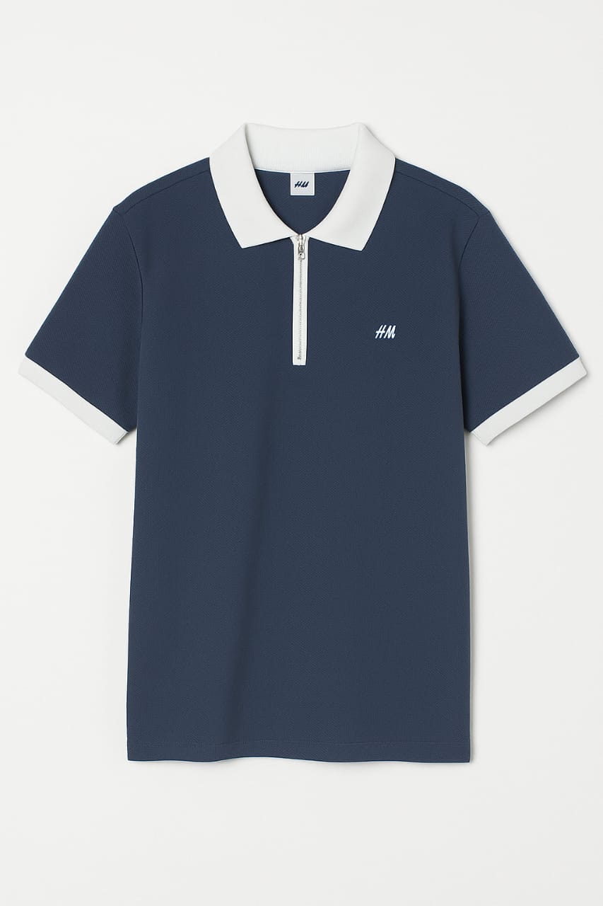 Men’s Navy Zip Polo T-Shirt with Contrast Collar – Casual Smartwear
