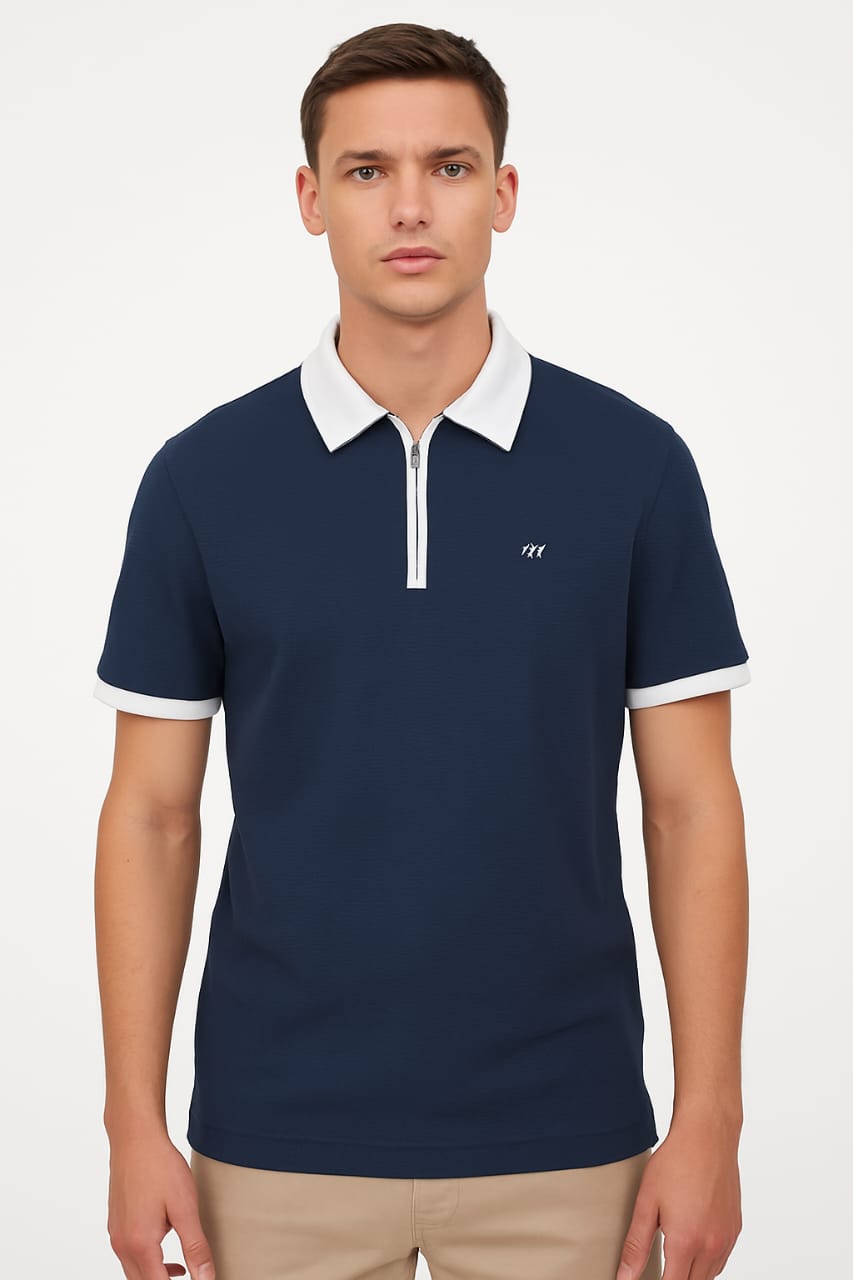Men’s Navy Zip Polo T-Shirt with Contrast Collar – Casual Smartwear
