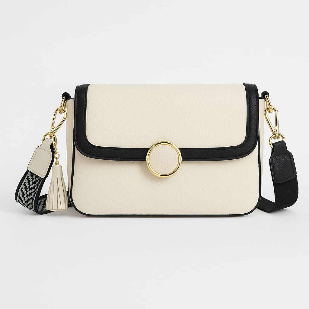 Elegant Cream & Black Crossbody Bag with Gold Ring Accent