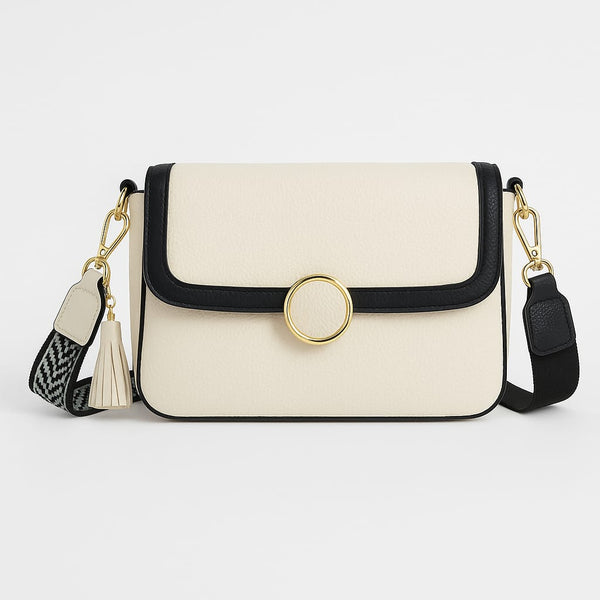Elegant Cream & Black Crossbody Bag with Gold Ring Accent