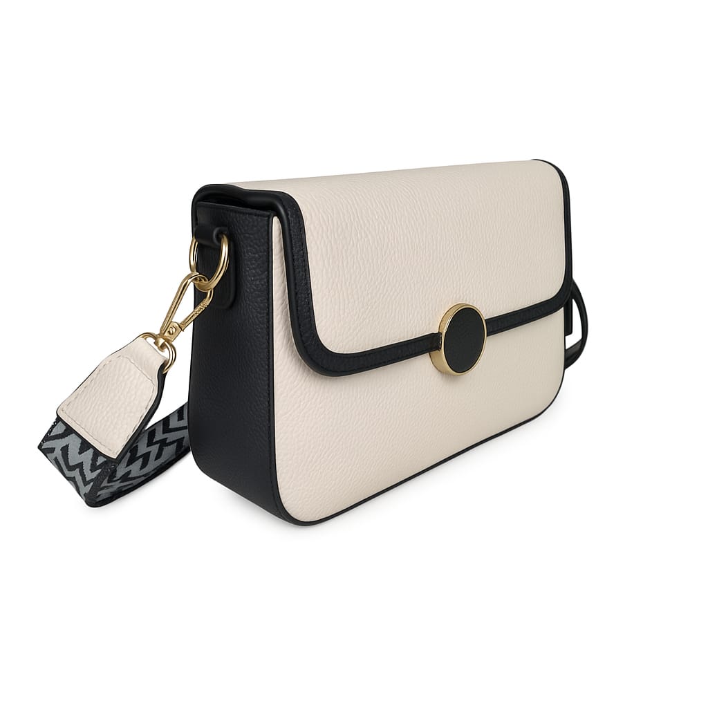 Elegant Cream & Black Crossbody Bag with Gold Ring Accent