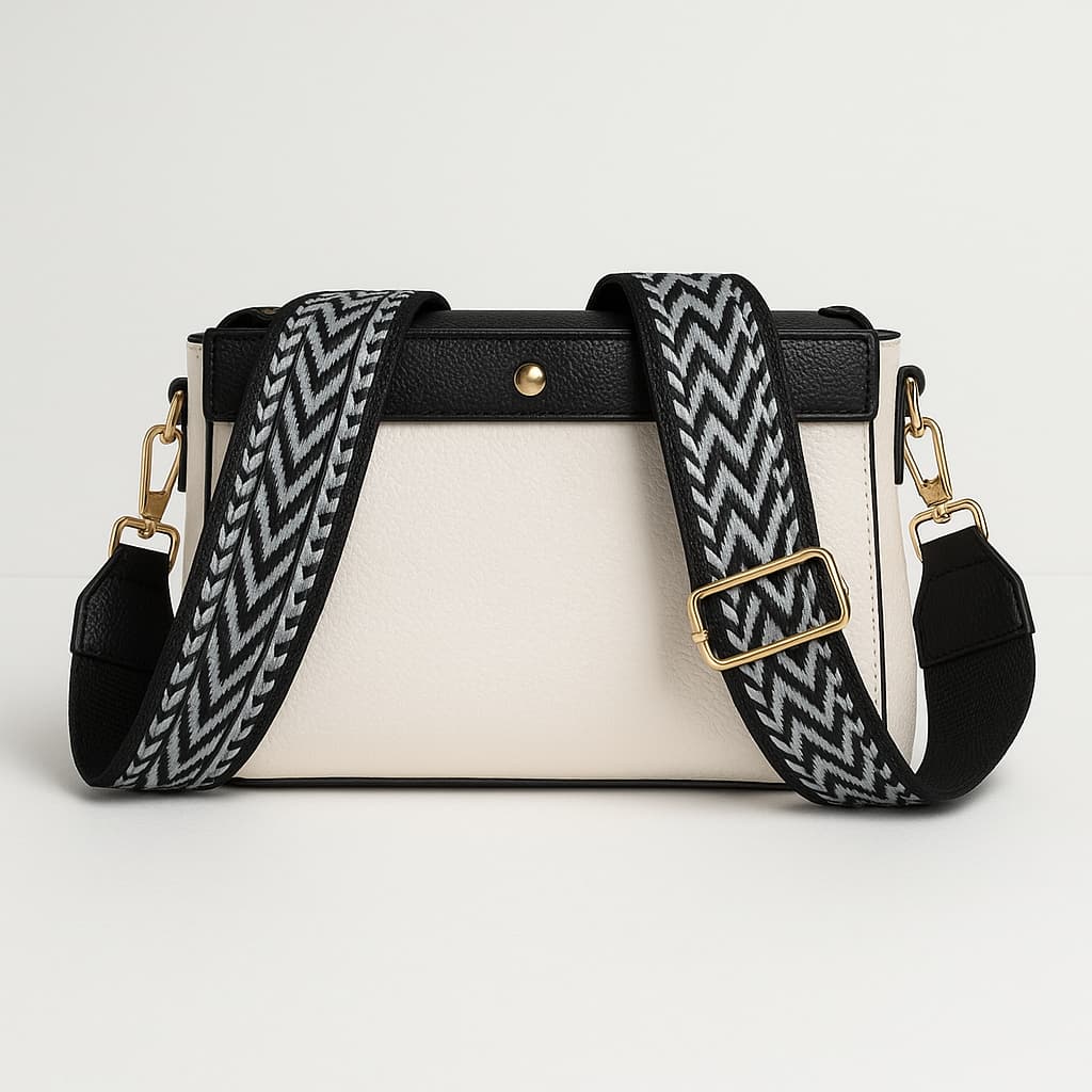 Elegant Cream & Black Crossbody Bag with Gold Ring Accent